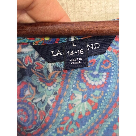 Lands End Paisley Print V-Neck 100% Cotton Maxi Dress L 14-16 Blue & Red - Picture 2 of 5